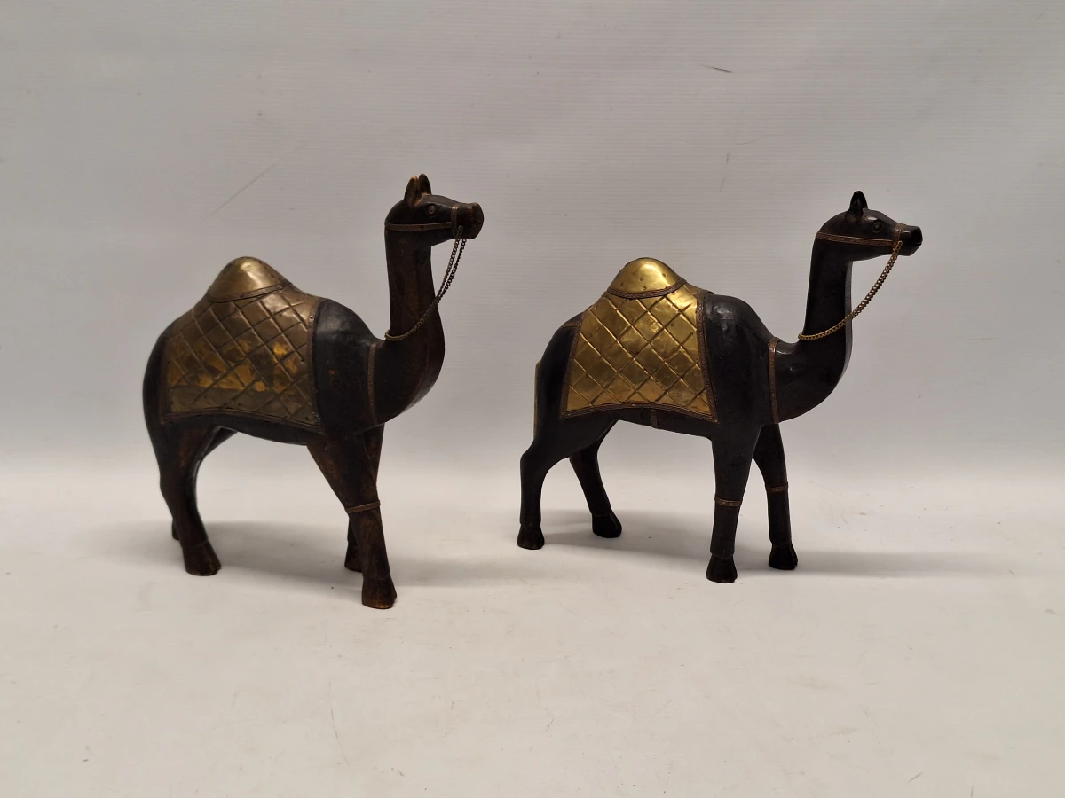 Set van 2 handgesneden houten dromedarissen met messing beslag - India
