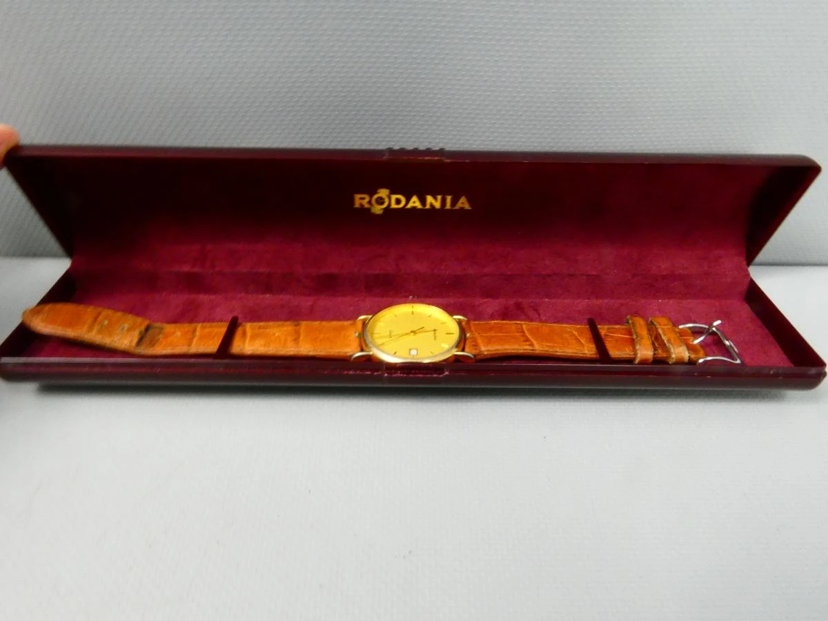 Vintage horloge Rodania met leren band in doos