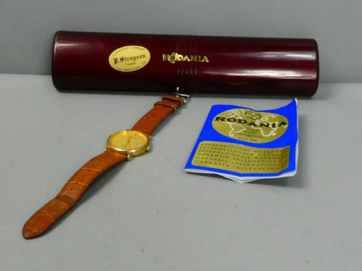 Vintage horloge Rodania met leren band in doos