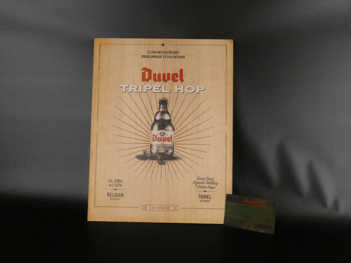 Set van 10 Duvel bierglazen met houten bord en metalen bord
