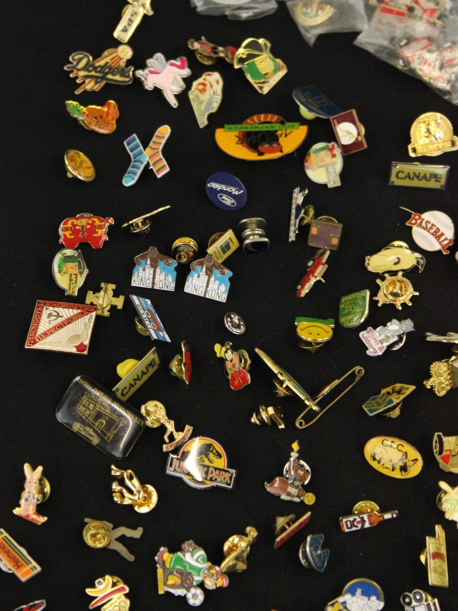 Verzameling van 100 kleurrijke pins in verschillende materialen en thema's