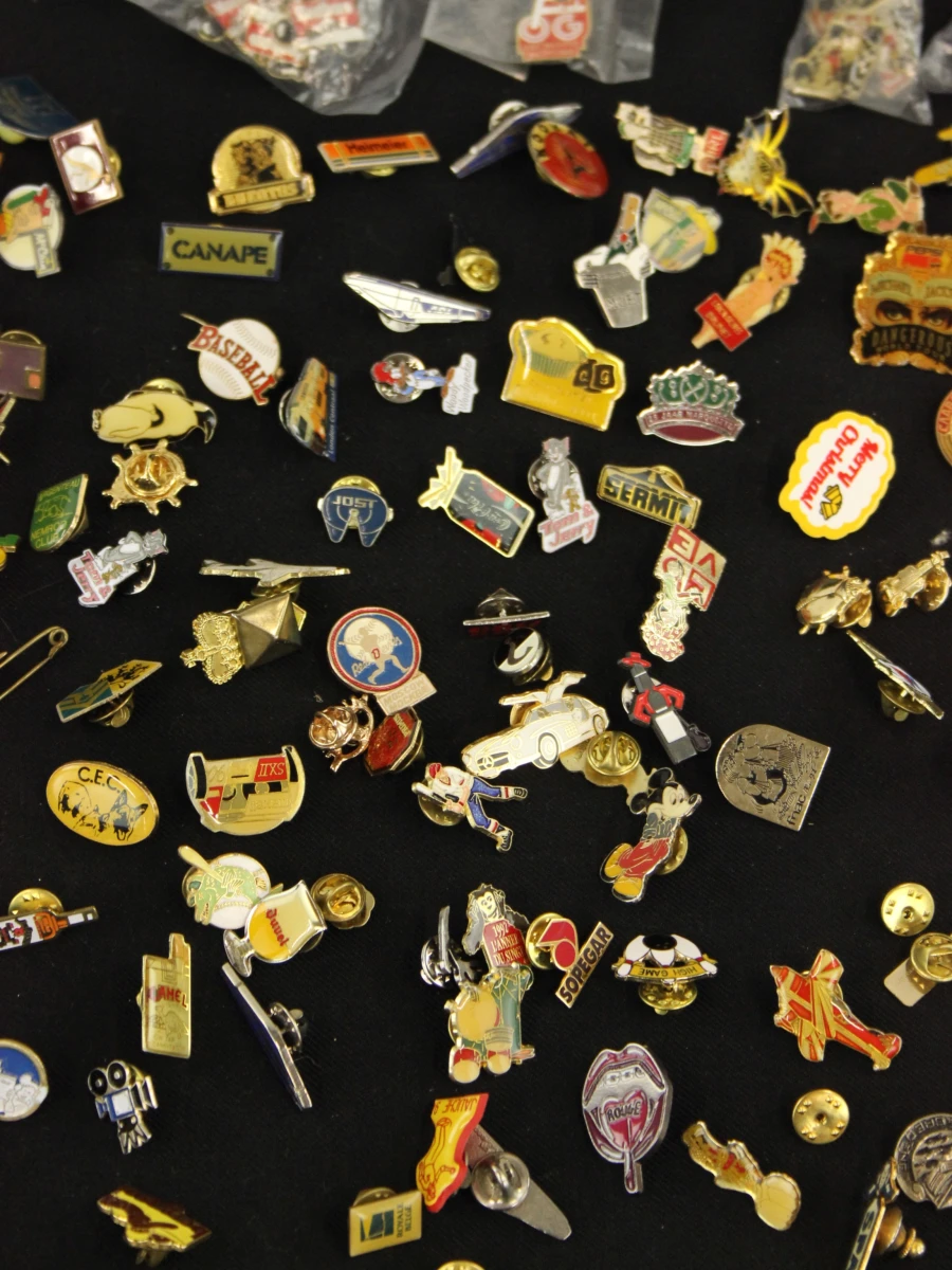 Verzameling van 100 kleurrijke pins in verschillende materialen en thema's