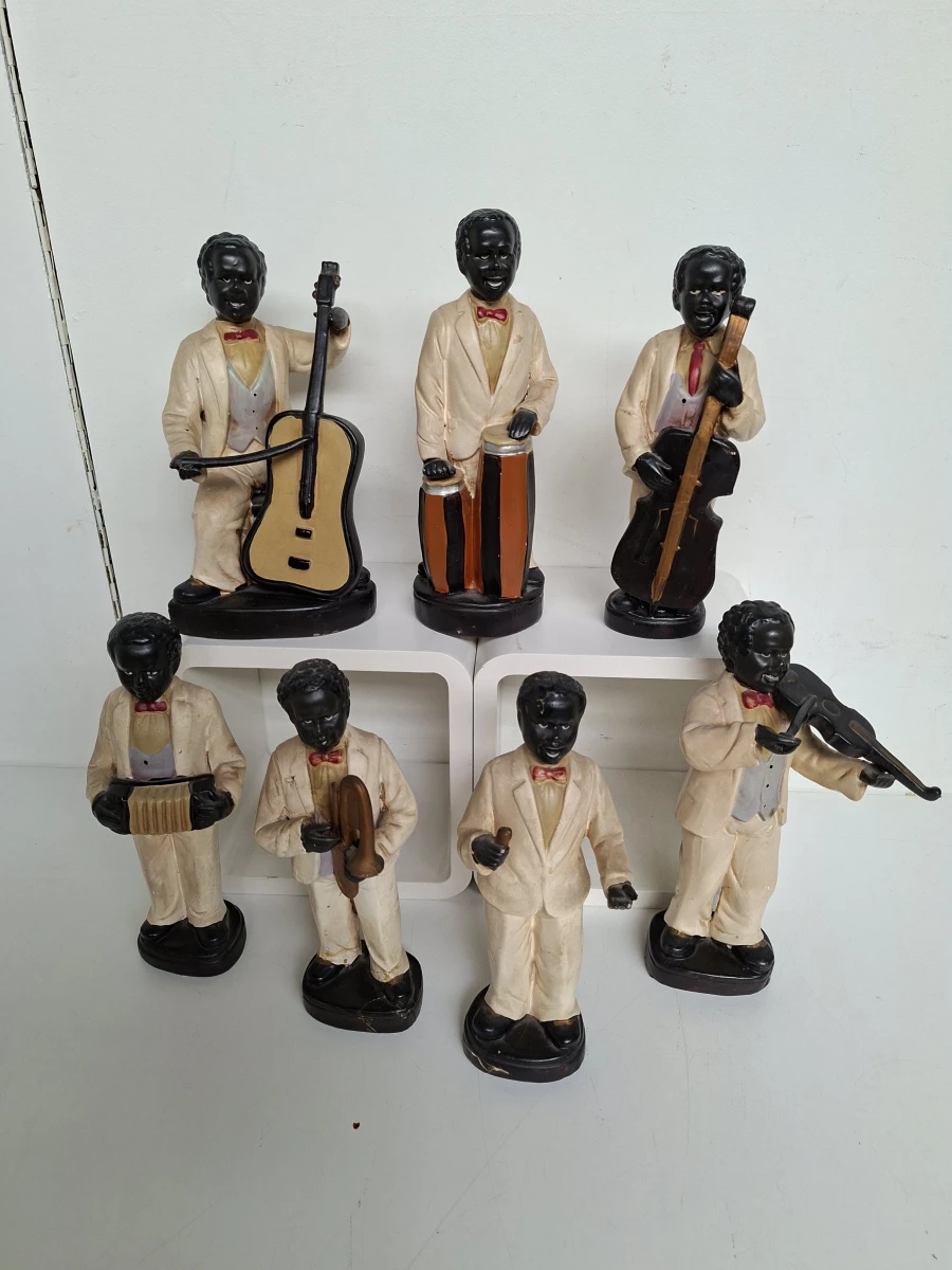 👐 7 Vintage Jazz Band Beeldjes – Handgeschilderde Muzikanten