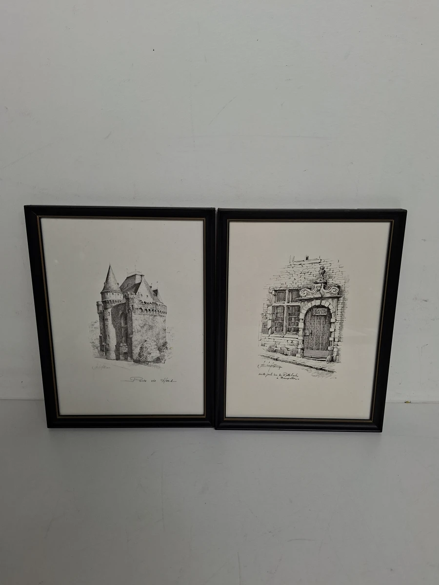 🖼️  Set van 5 Ingelijste Architectonische Stadsgezichten / Etsen – o.a. Antwerpen & Brussel