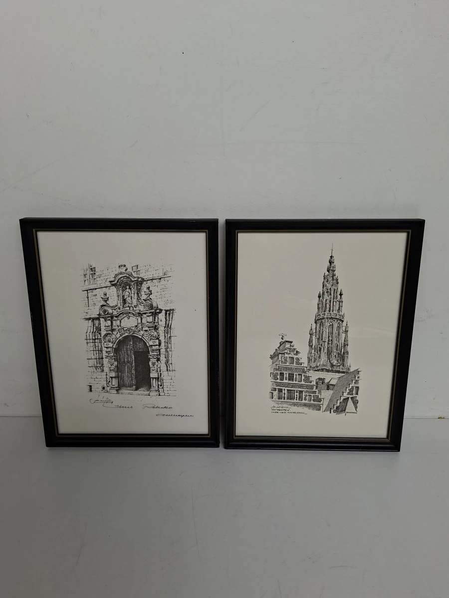 🖼️  Set van 5 Ingelijste Architectonische Stadsgezichten / Etsen – o.a. Antwerpen & Brussel