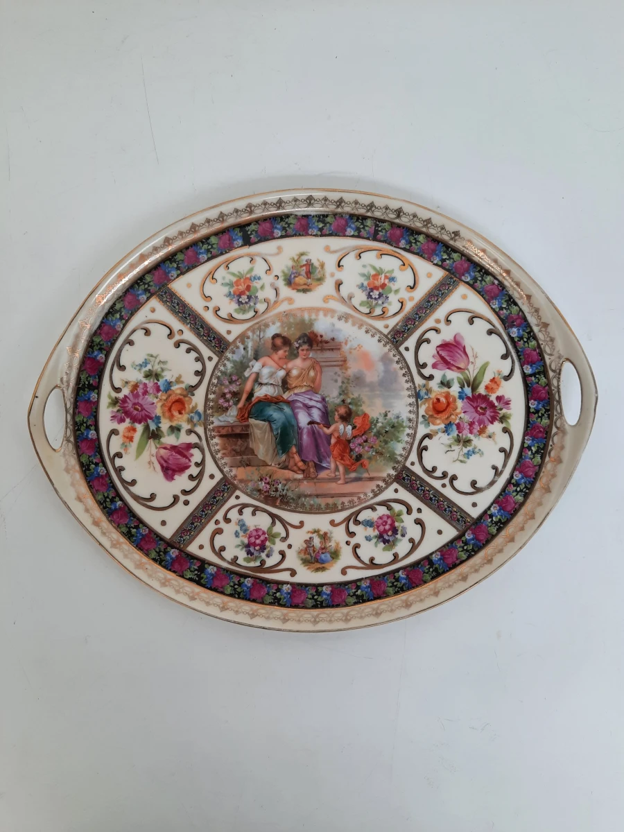 Antiek Porseleinen Dienblad – Romantische Scène & Bloemen – Witte & Co. Amsterdam