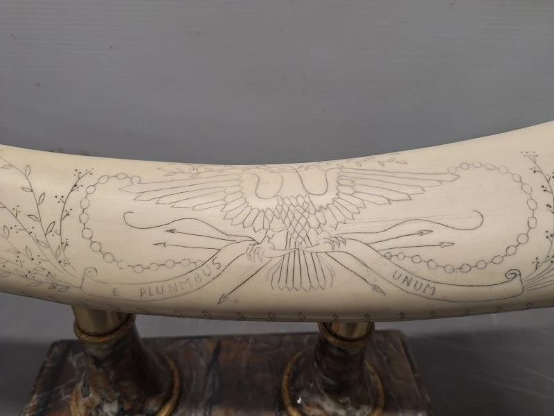 Decoratieve imitatie slagtand / scrimshaw op marmeren voet met gravures