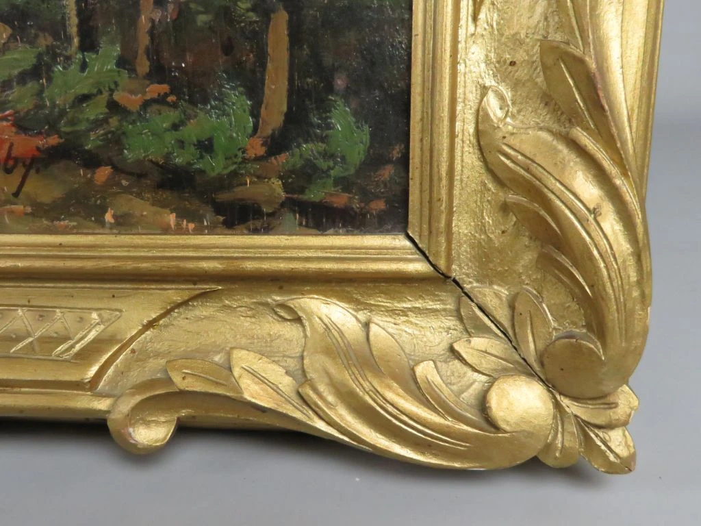Olieverfschilderij op hout met landelijke herfstscène, gesigneerd Jacoby