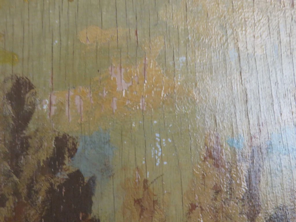 Olieverfschilderij op hout met landelijke herfstscène, gesigneerd Jacoby