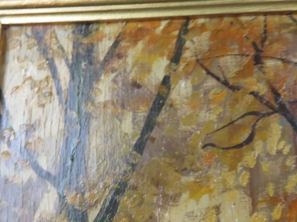 Olieverfschilderij op hout met landelijke herfstscène, gesigneerd Jacoby