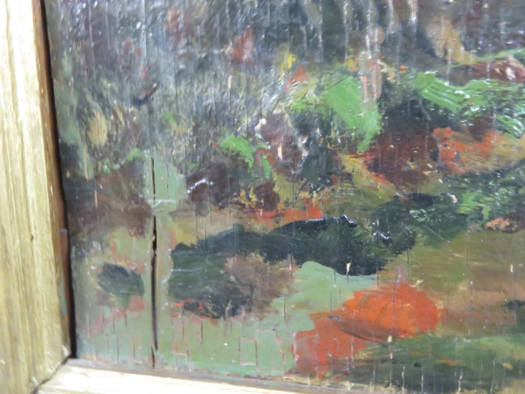 Olieverfschilderij op hout met landelijke herfstscène, gesigneerd Jacoby