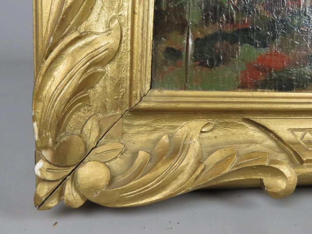Olieverfschilderij op hout met landelijke herfstscène, gesigneerd Jacoby