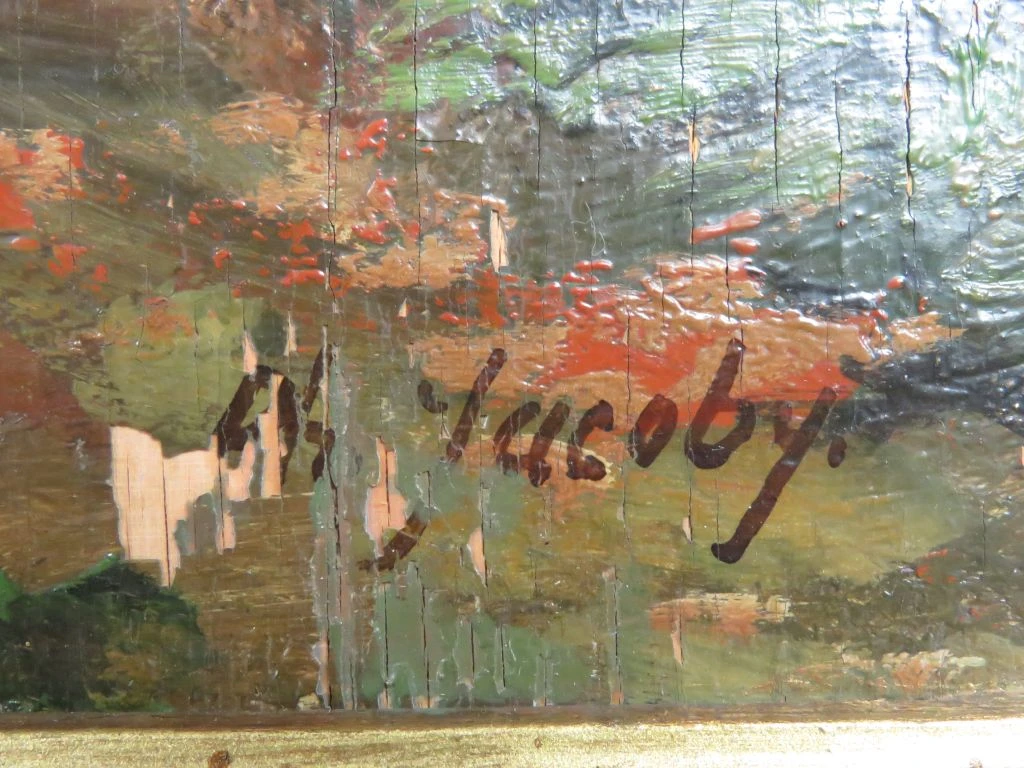 Olieverfschilderij op hout met landelijke herfstscène, gesigneerd Jacoby