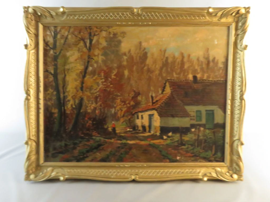 Olieverfschilderij op hout met landelijke herfstscène, gesigneerd Jacoby
