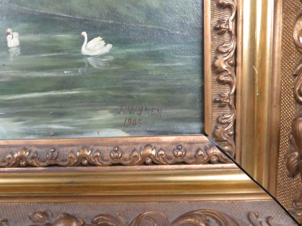 Olieverfschilderij landschap met meer en huis