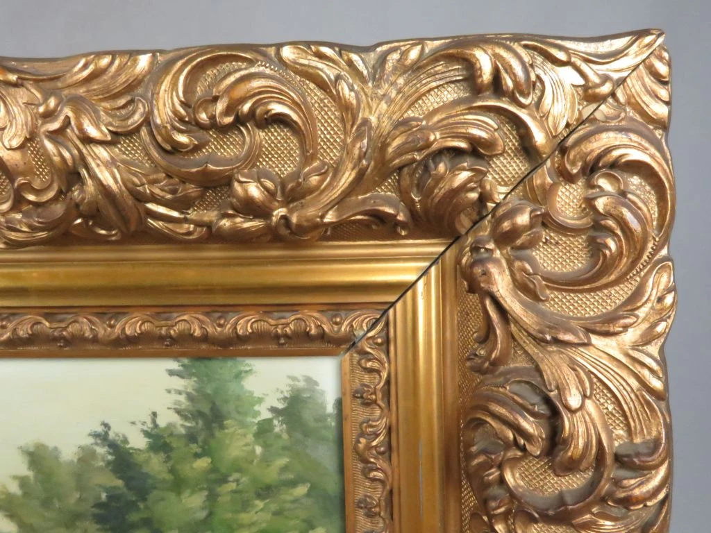 Olieverfschilderij landschap met meer en huis