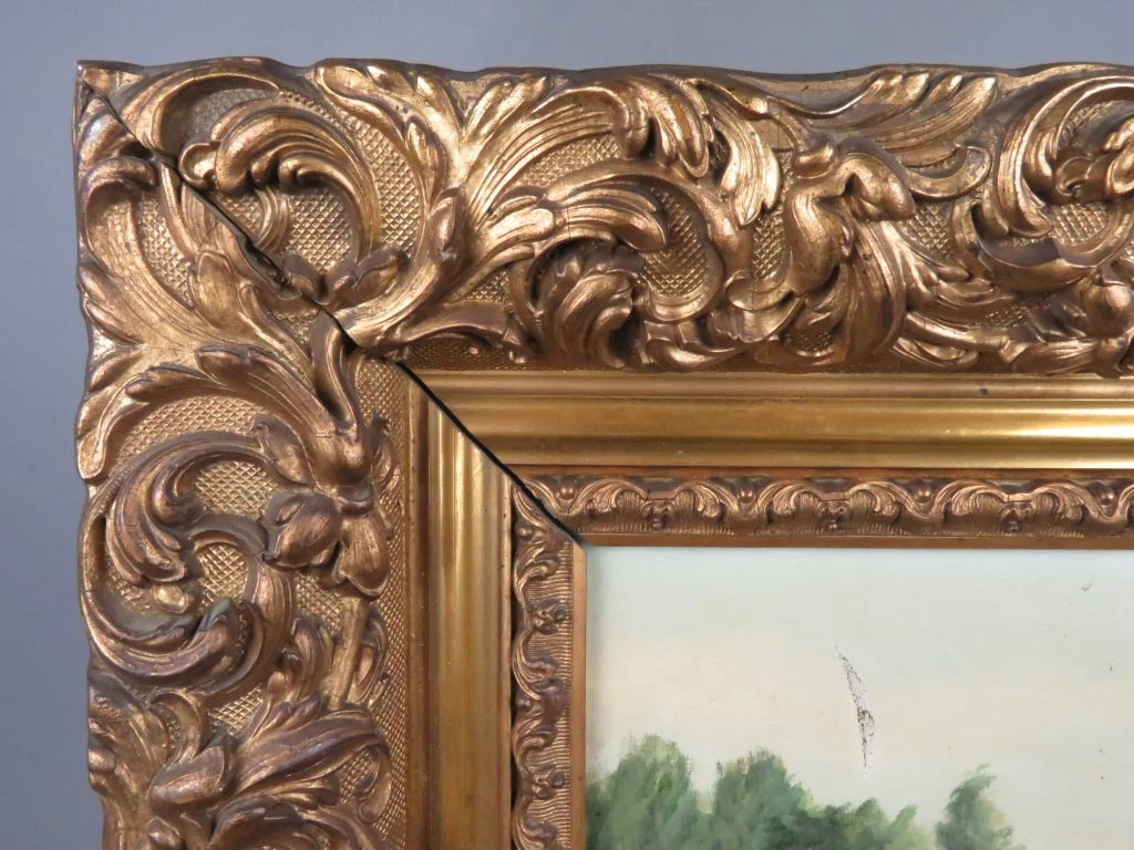 Olieverfschilderij landschap met meer en huis