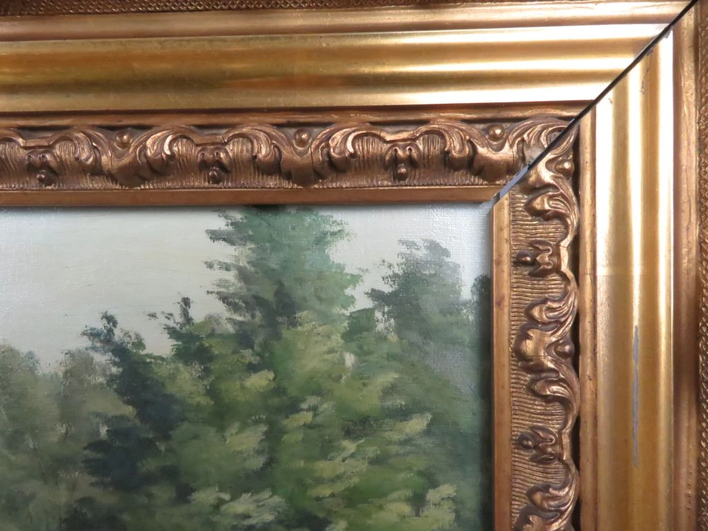 Olieverfschilderij landschap met meer en huis