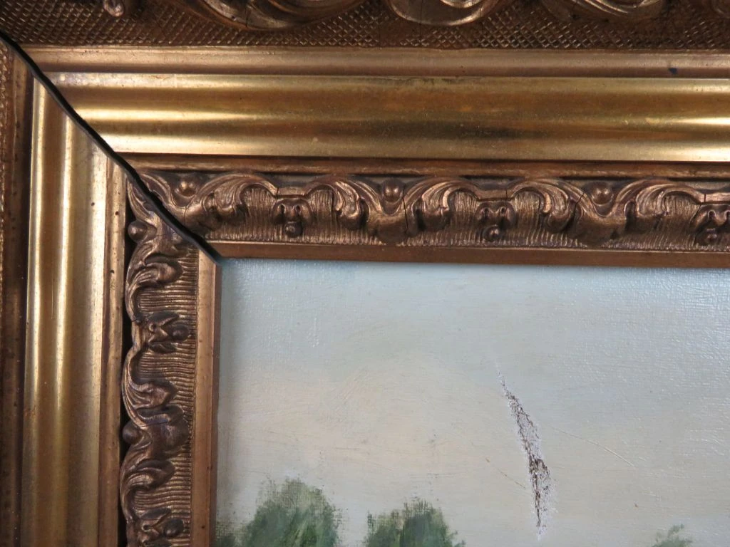 Olieverfschilderij landschap met meer en huis