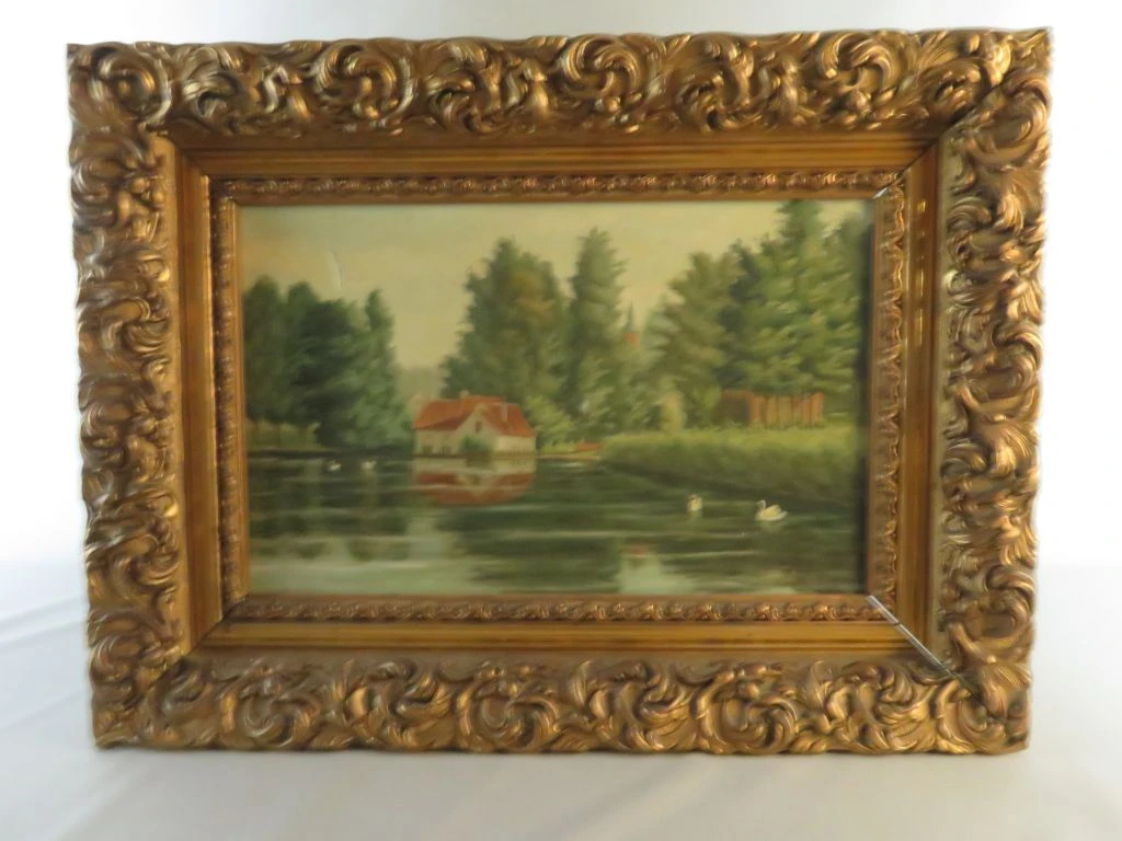 Olieverfschilderij landschap met meer en huis