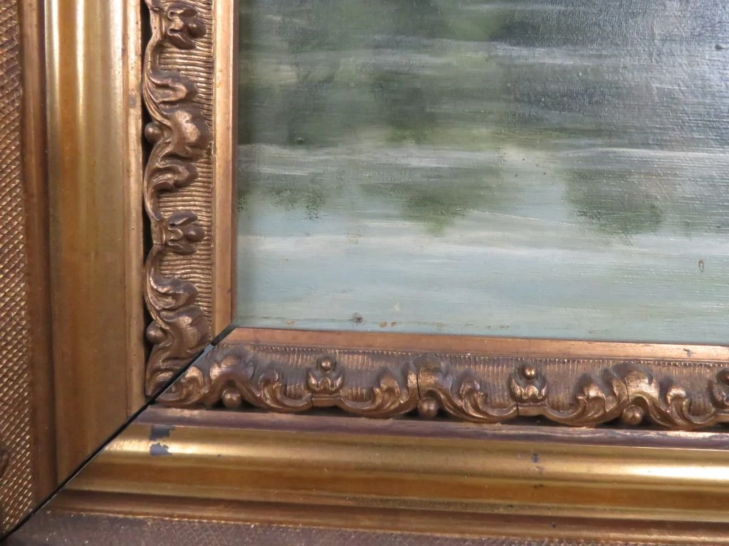 Olieverfschilderij landschap met meer en huis