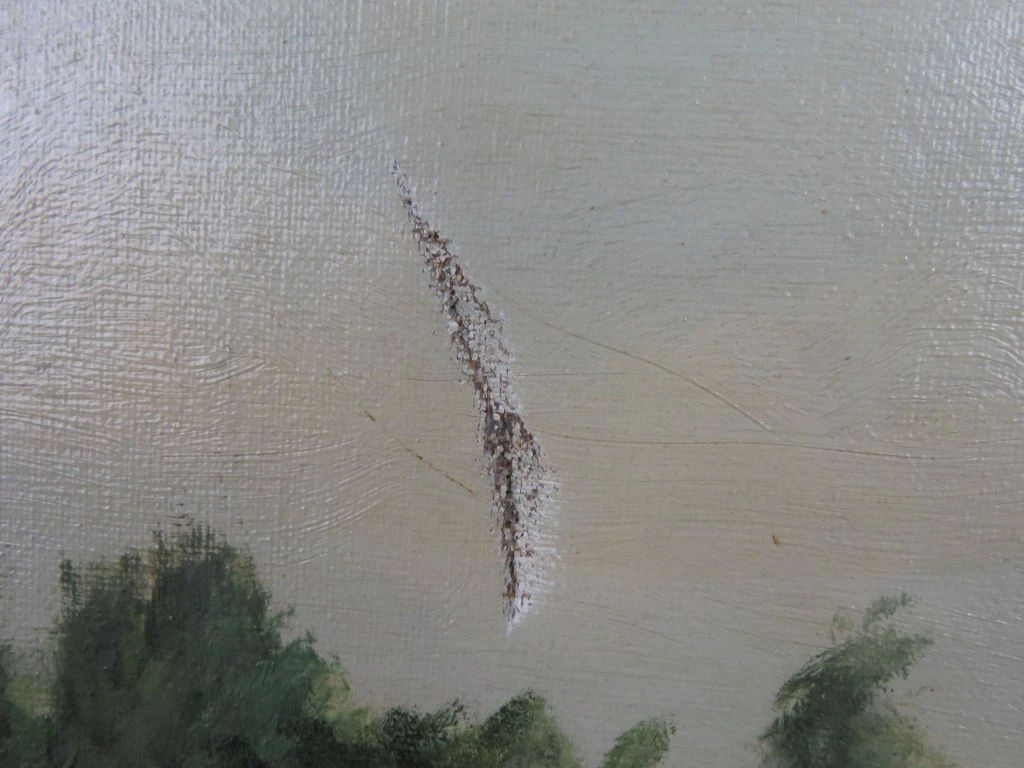 Olieverfschilderij landschap met meer en huis