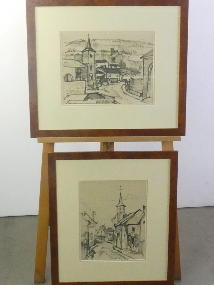 Set van 2 ingekaderde zwart-wit grafische prenten van dorpsgezichten