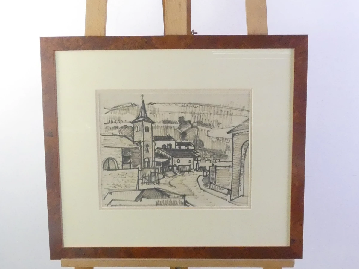Set van 2 ingekaderde zwart-wit grafische prenten van dorpsgezichten