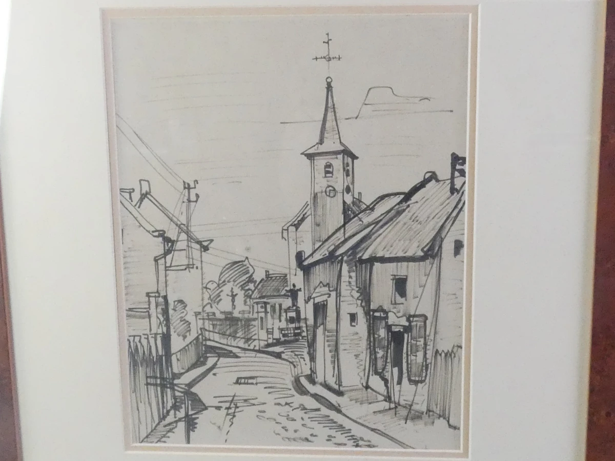 Set van 2 ingekaderde zwart-wit grafische prenten van dorpsgezichten