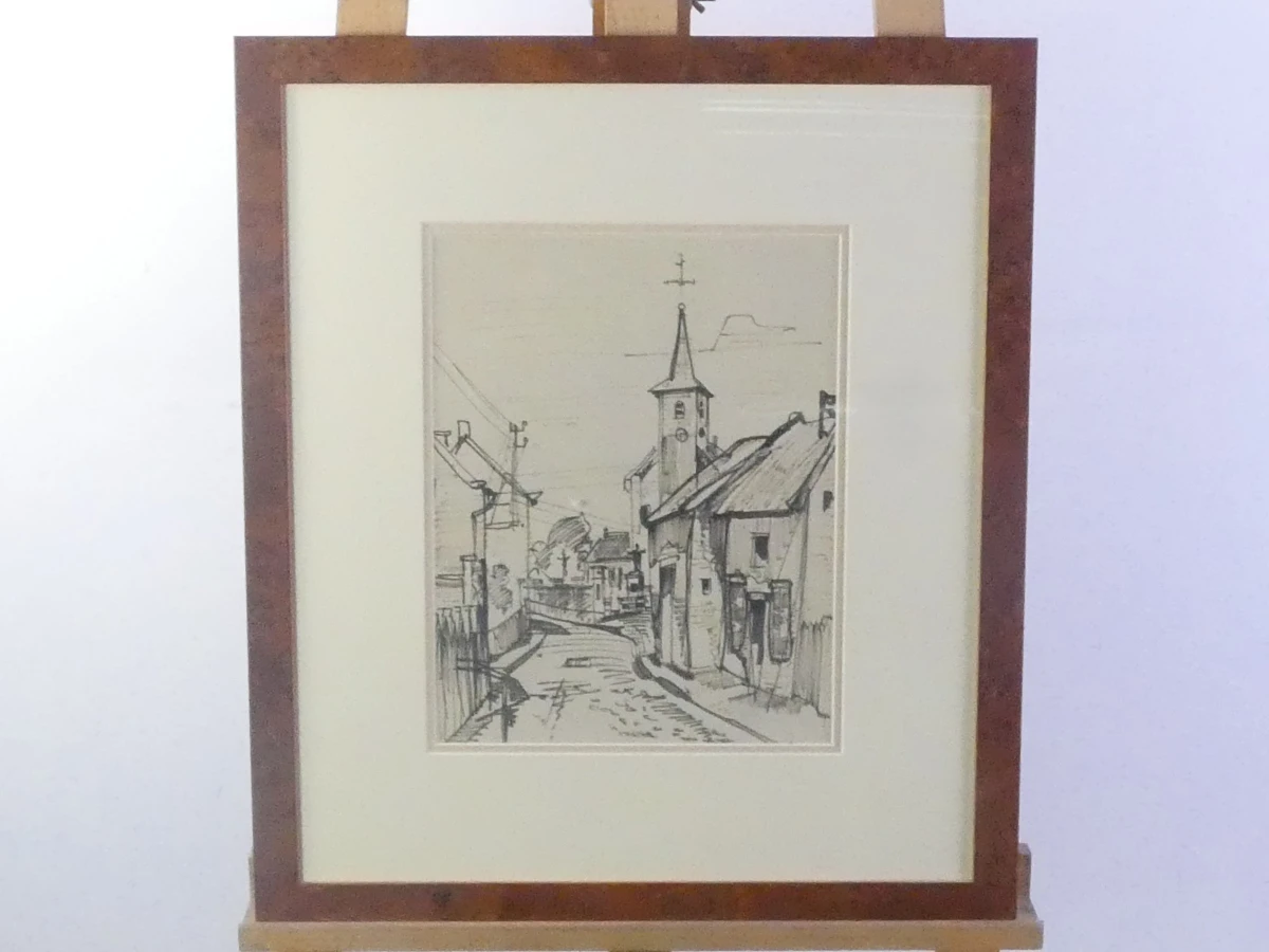 Set van 2 ingekaderde zwart-wit grafische prenten van dorpsgezichten