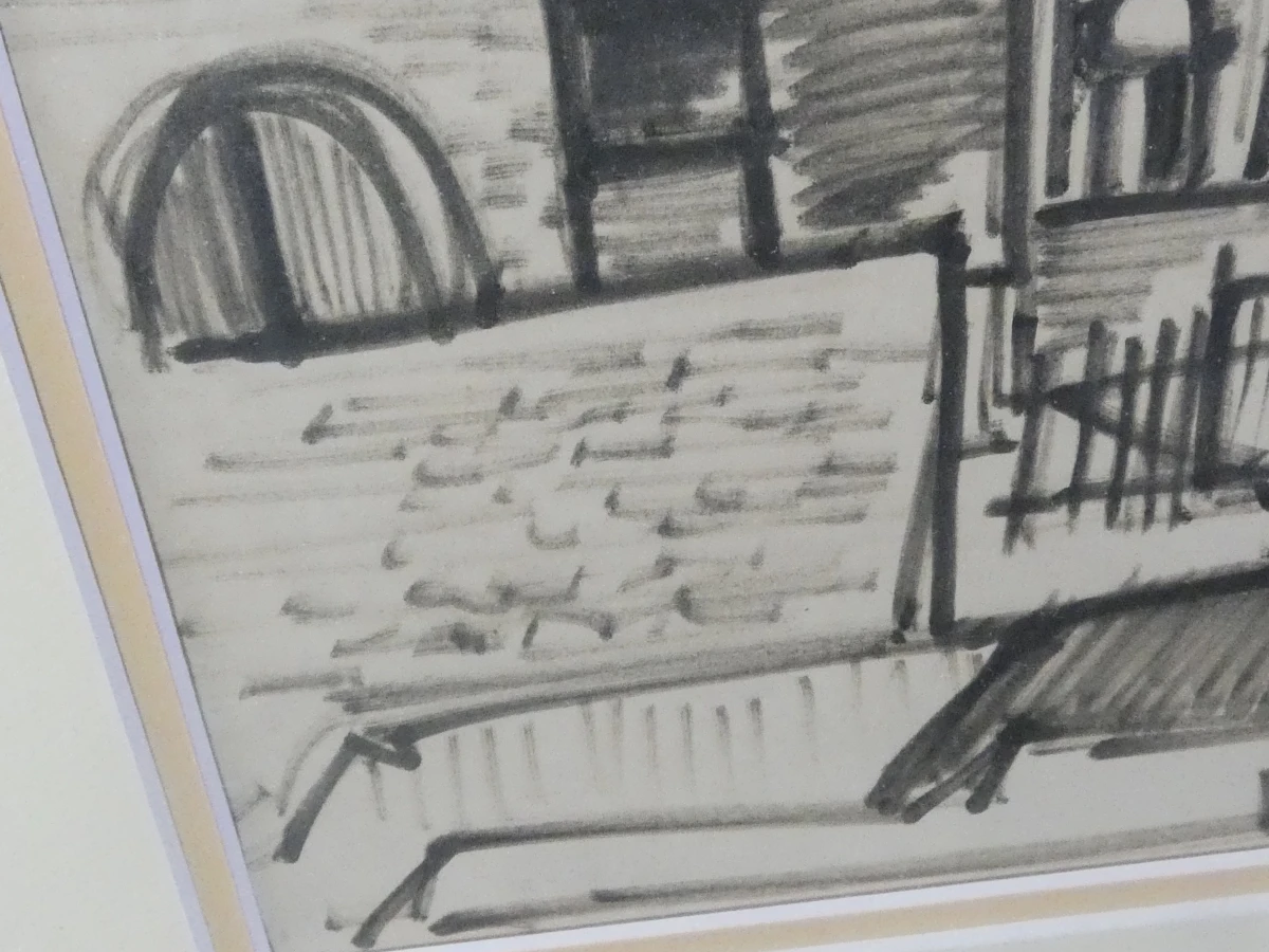 Set van 2 ingekaderde zwart-wit grafische prenten van dorpsgezichten