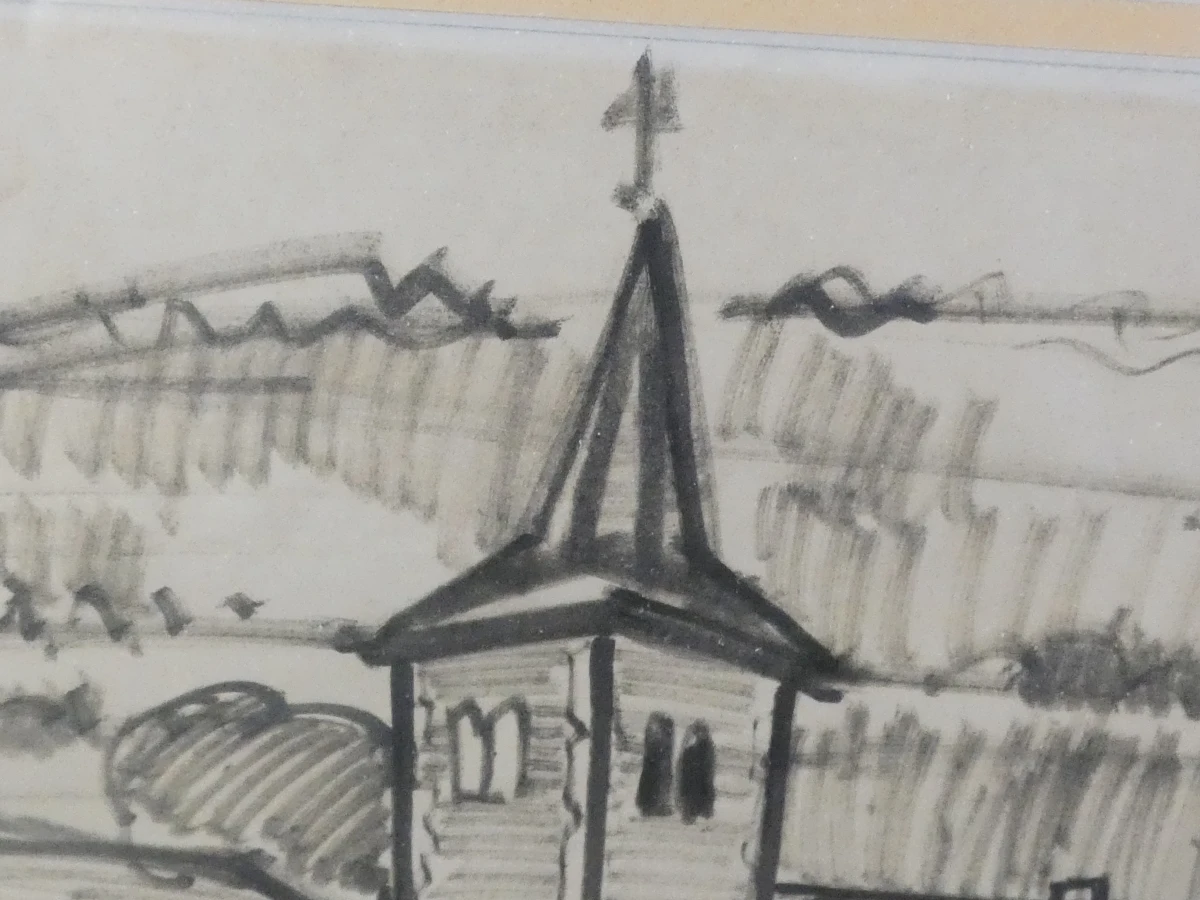 Set van 2 ingekaderde zwart-wit grafische prenten van dorpsgezichten