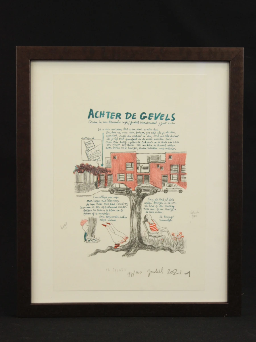 Gesigneerde lithografie 'Achter de Gevels' van Judith Vanistendael