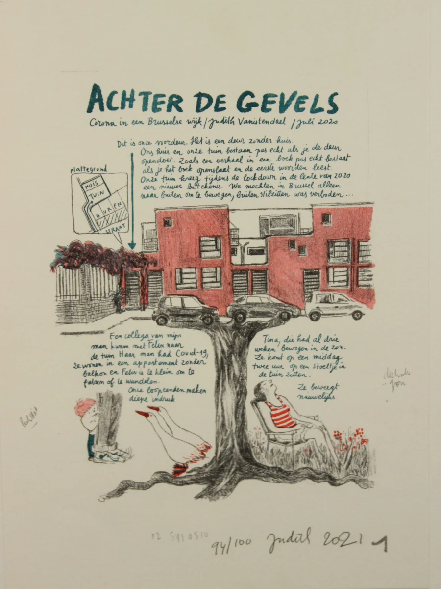 Gesigneerde lithografie 'Achter de Gevels' van Judith Vanistendael