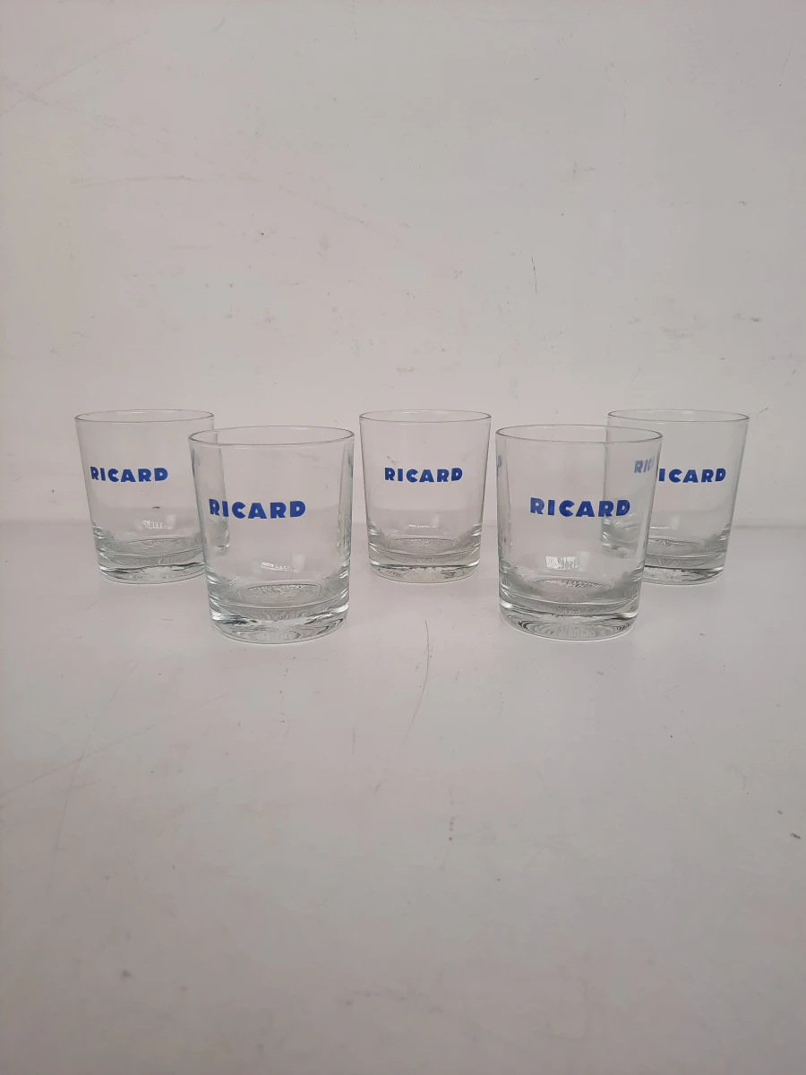 Set van 5 Vintage Ricard Pastis Glazen – Gecentreerd Blauw Logo & Sterbodem