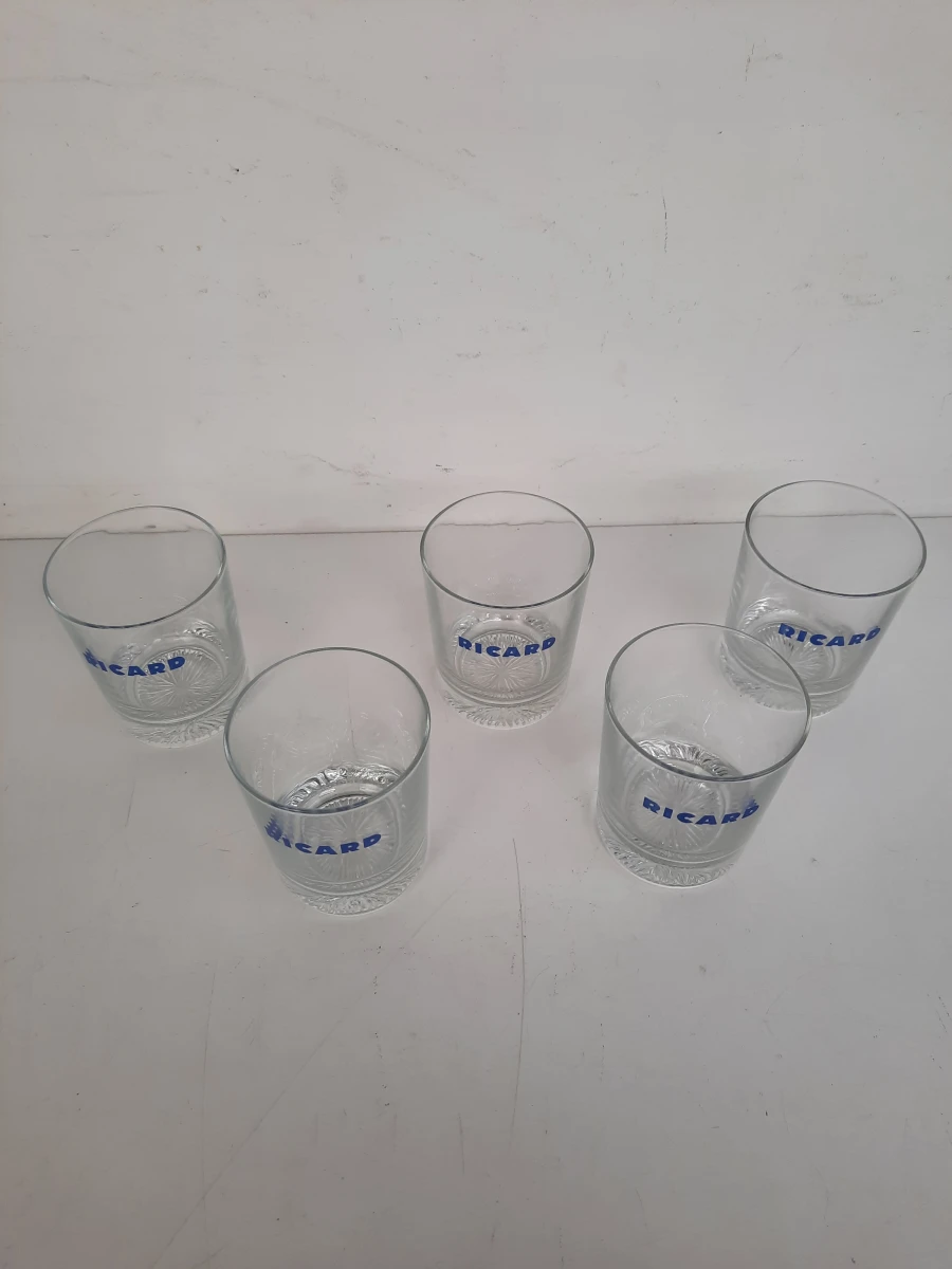 Set van 5 Vintage Ricard Pastis Glazen – Gecentreerd Blauw Logo & Sterbodem