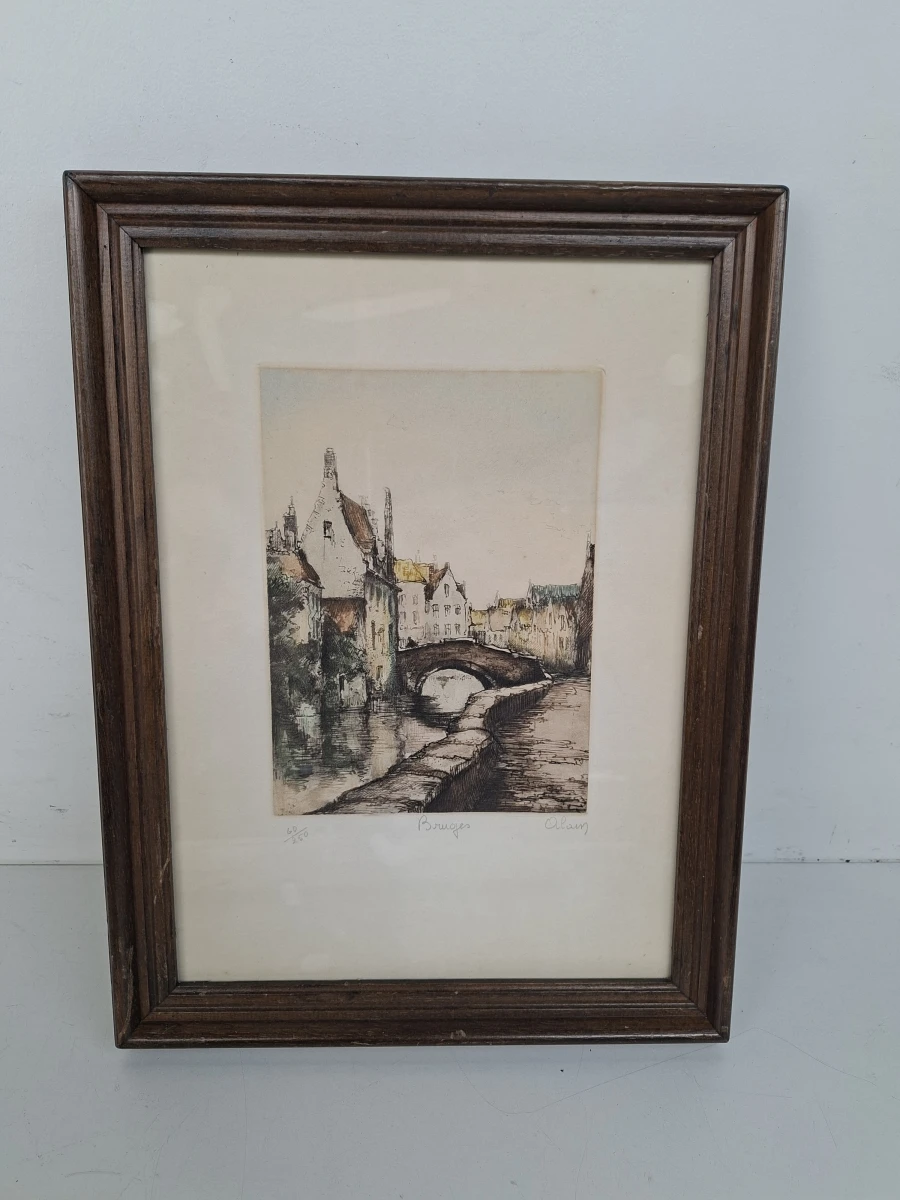 🖼️ Klassieke Gekleurde Ets "Bruges" (Brugge) – Alain – Genummerd & Ingelijst