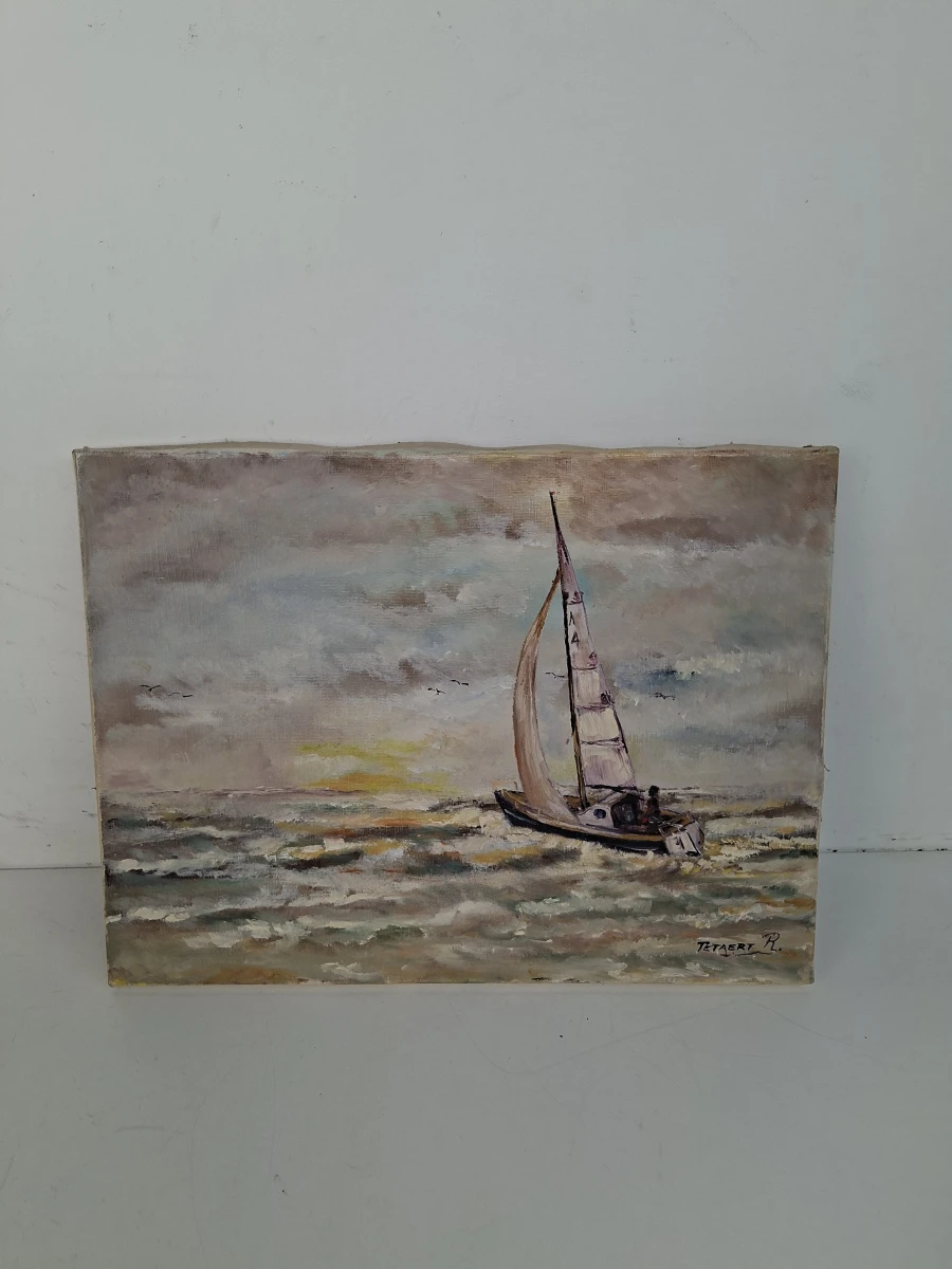 ⚓ Maritiem Olieverfschilderij "Zeilboot op Zee" – Gesigneerd Tetaert R.