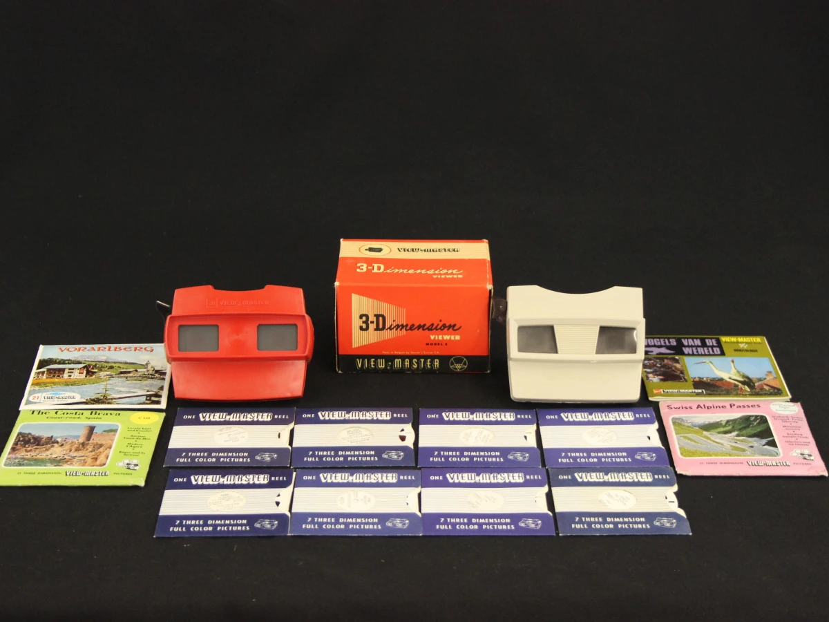 Set van 3 vintage View-Master 3D kijkers met schijven en doos