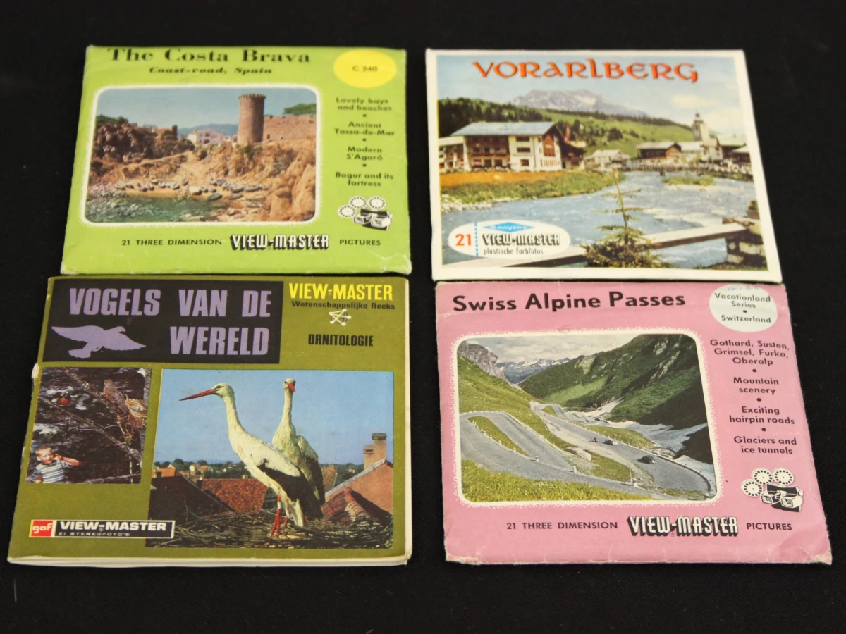 Set van 3 vintage View-Master 3D kijkers met schijven en doos