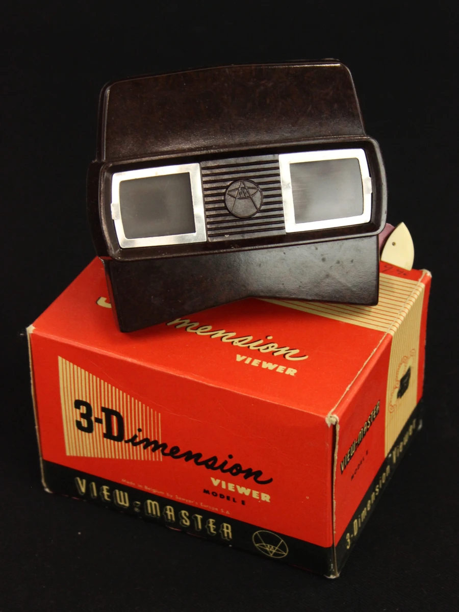 Set van 3 vintage View-Master 3D kijkers met schijven en doos