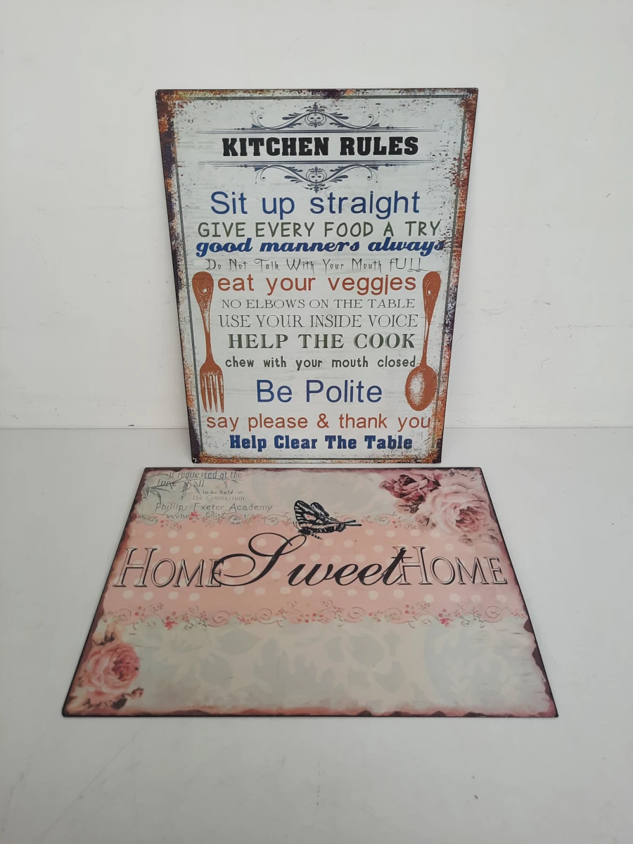 Set van 2 Vintage-Style Metalen Wandborden – 'Kitchen Rules' & 'Home Sweet Home'