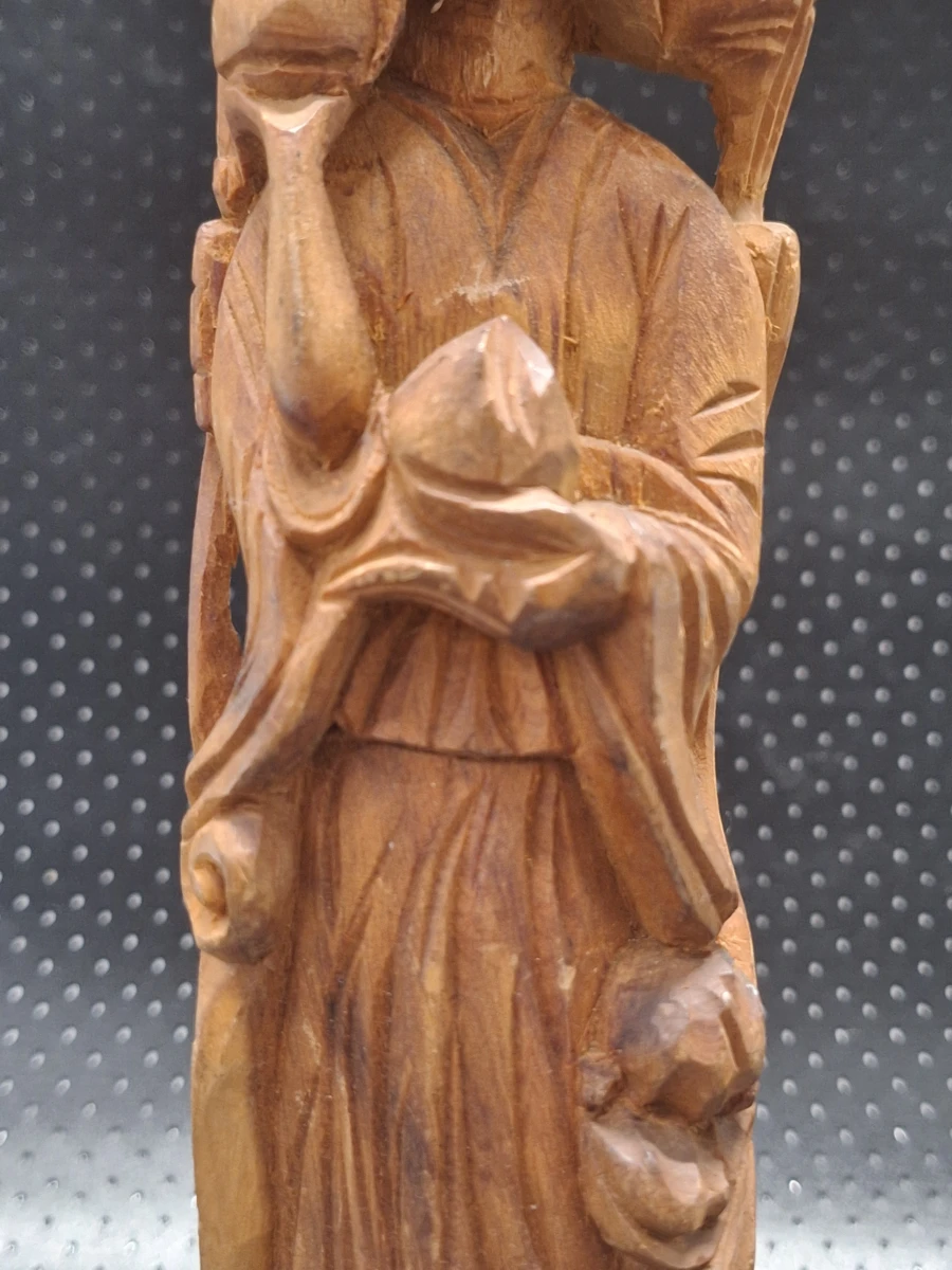 Handgesneden Chinees houten beeld van Longnü met draak - vintage boeddhistische houtsnijwerk