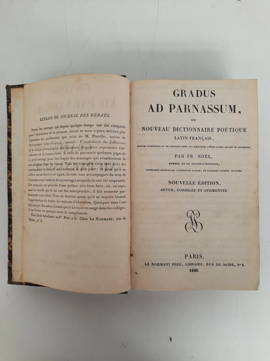 Antiek Boek 'Gradus ad Parnassum' (1826) – Fr. Noël – Latijns-Frans Woordenboek / Poëzie