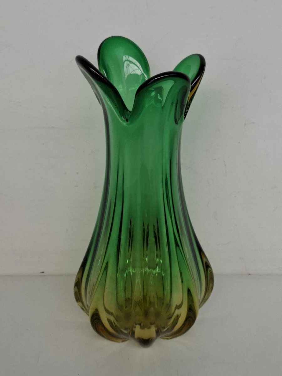 🪴Boheemse Glazen Kelkvaas – Groen & Amber – Mondgeblazen Murano Stijl