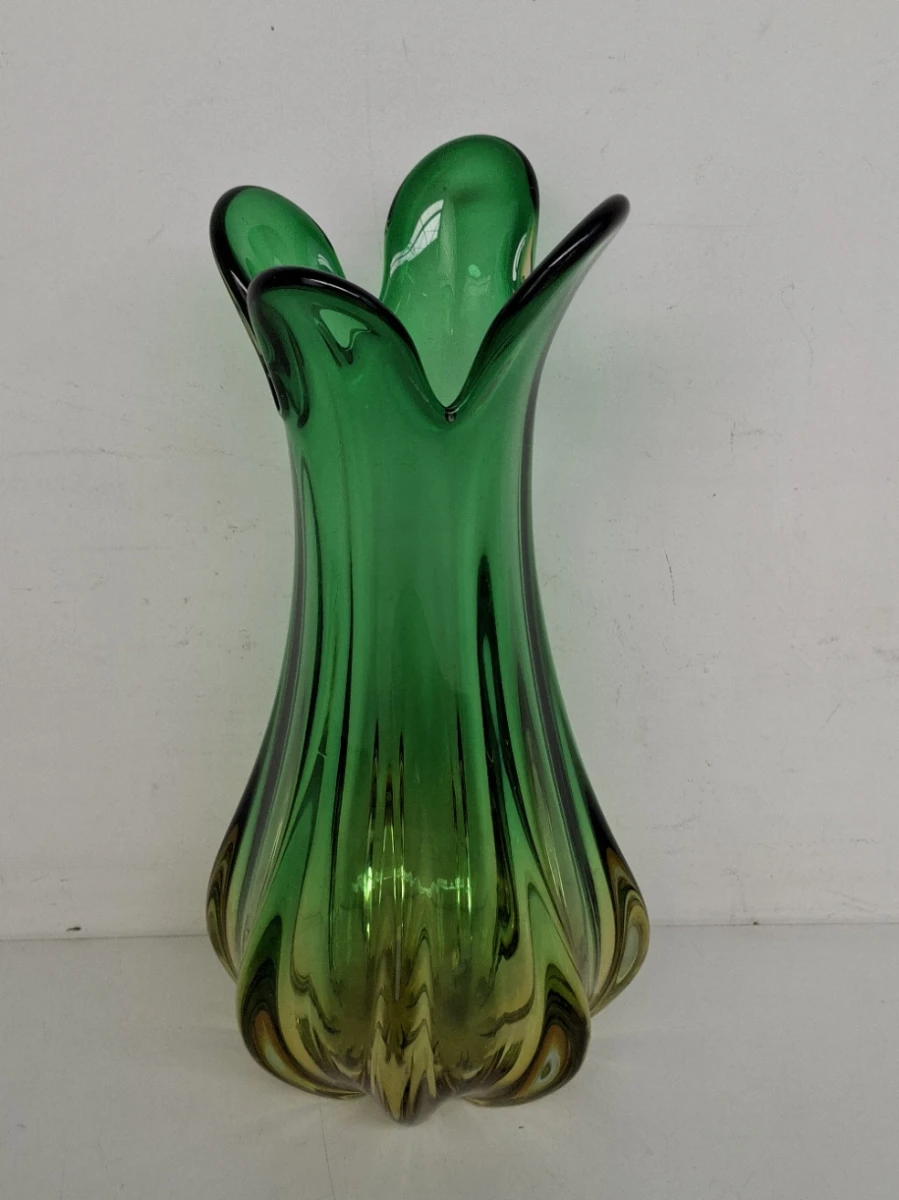 🪴Boheemse Glazen Kelkvaas – Groen & Amber – Mondgeblazen Murano Stijl