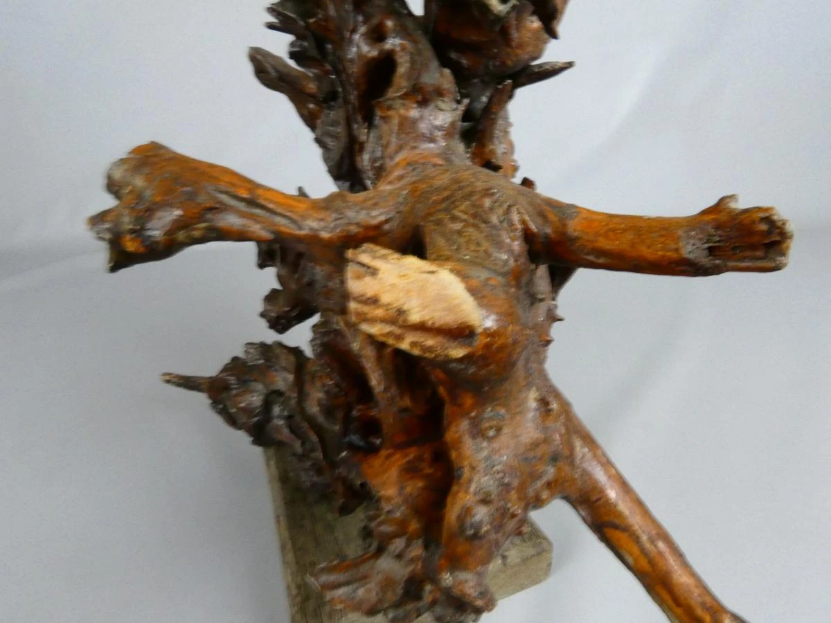 Oude decoratieve houten wortel op houten voet