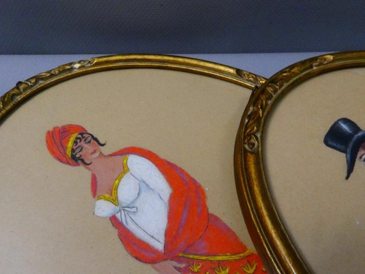 Set van 2 ovale vintage schilderijtjes met historische figuren