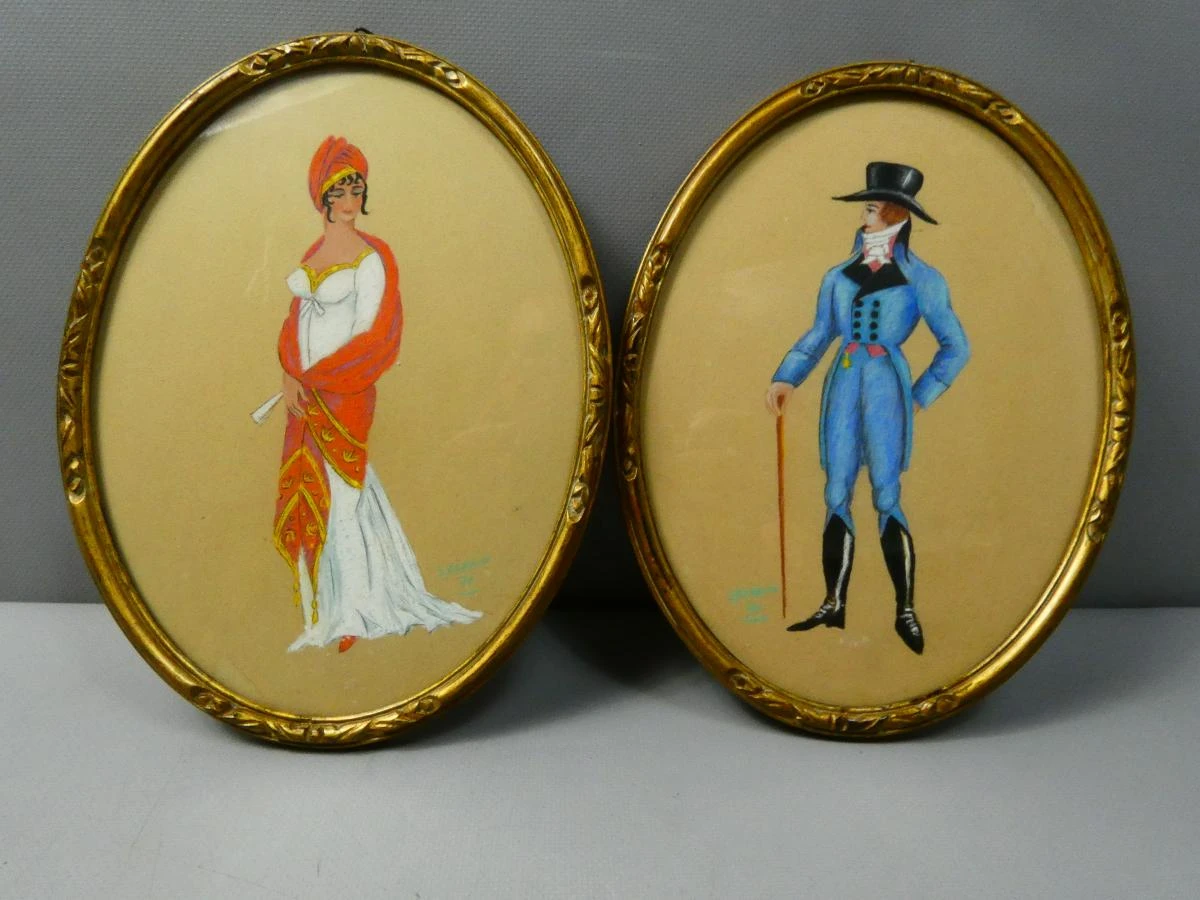 Set van 2 ovale vintage schilderijtjes met historische figuren