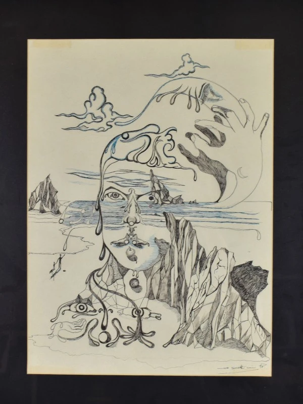 Gesigneerde surrealistische pentekening op papier, 1998, ingelijst